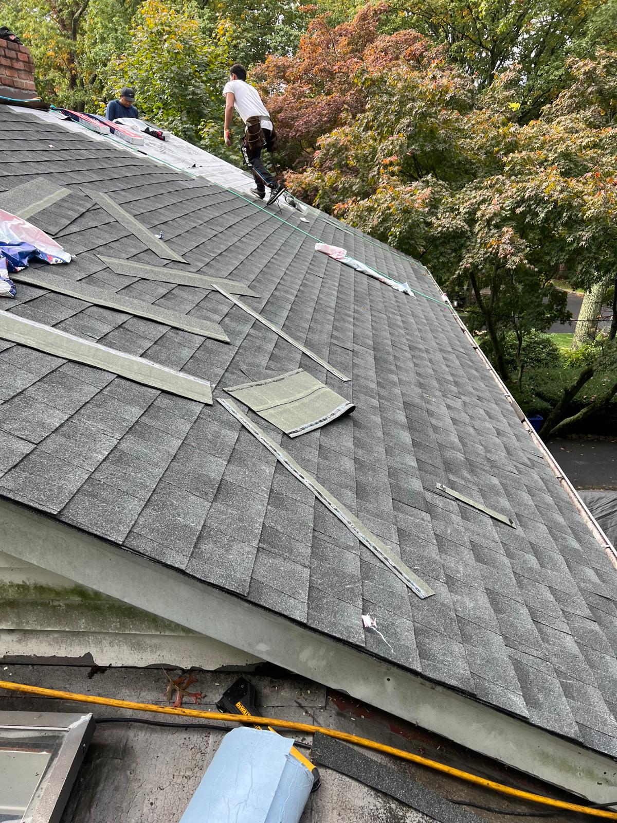 All American Roofing crew installing architectural shingles on a Middlesex County home